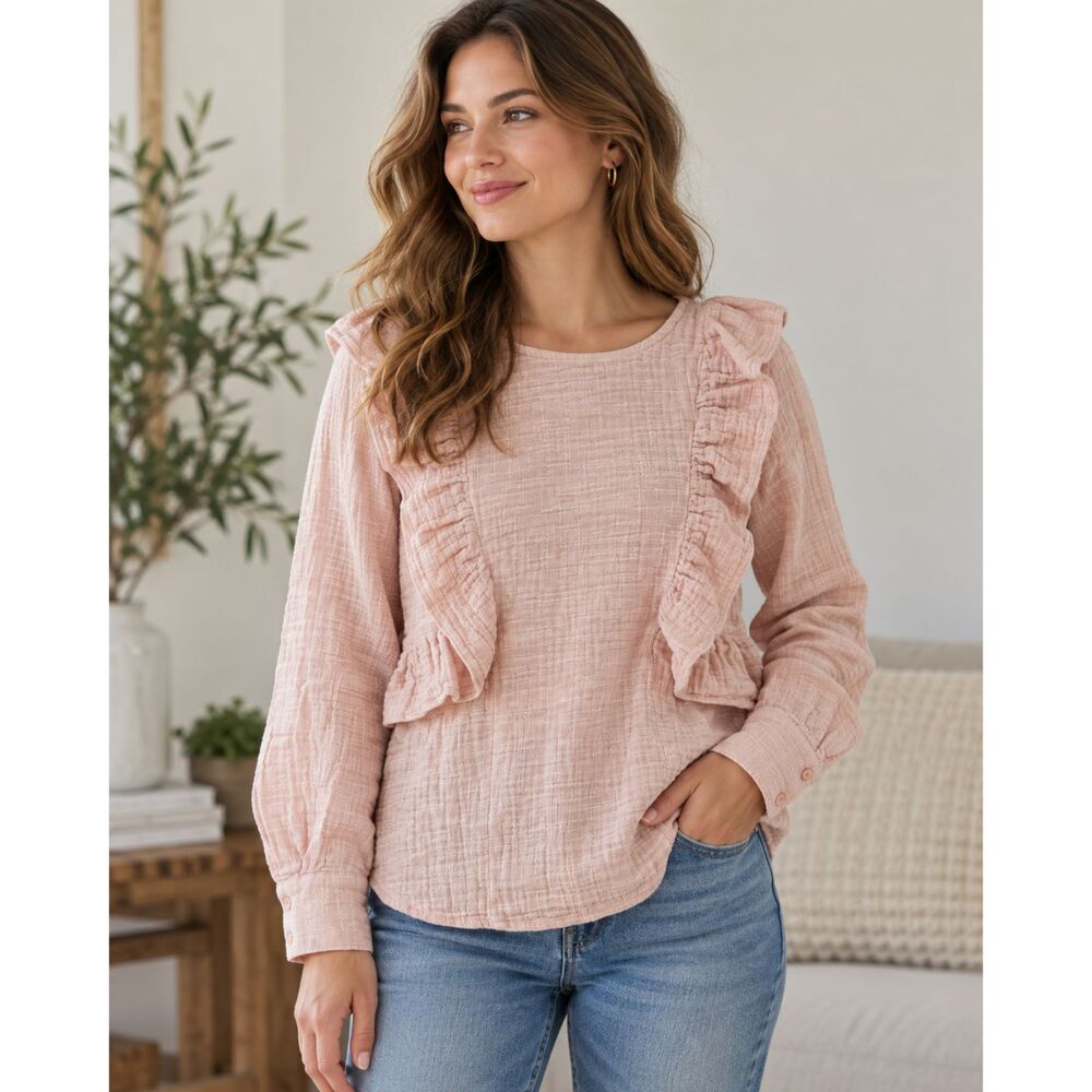 Lucky Brand Pink Ruffle Cotton Gauze Blouse Tunic – Size M Peach